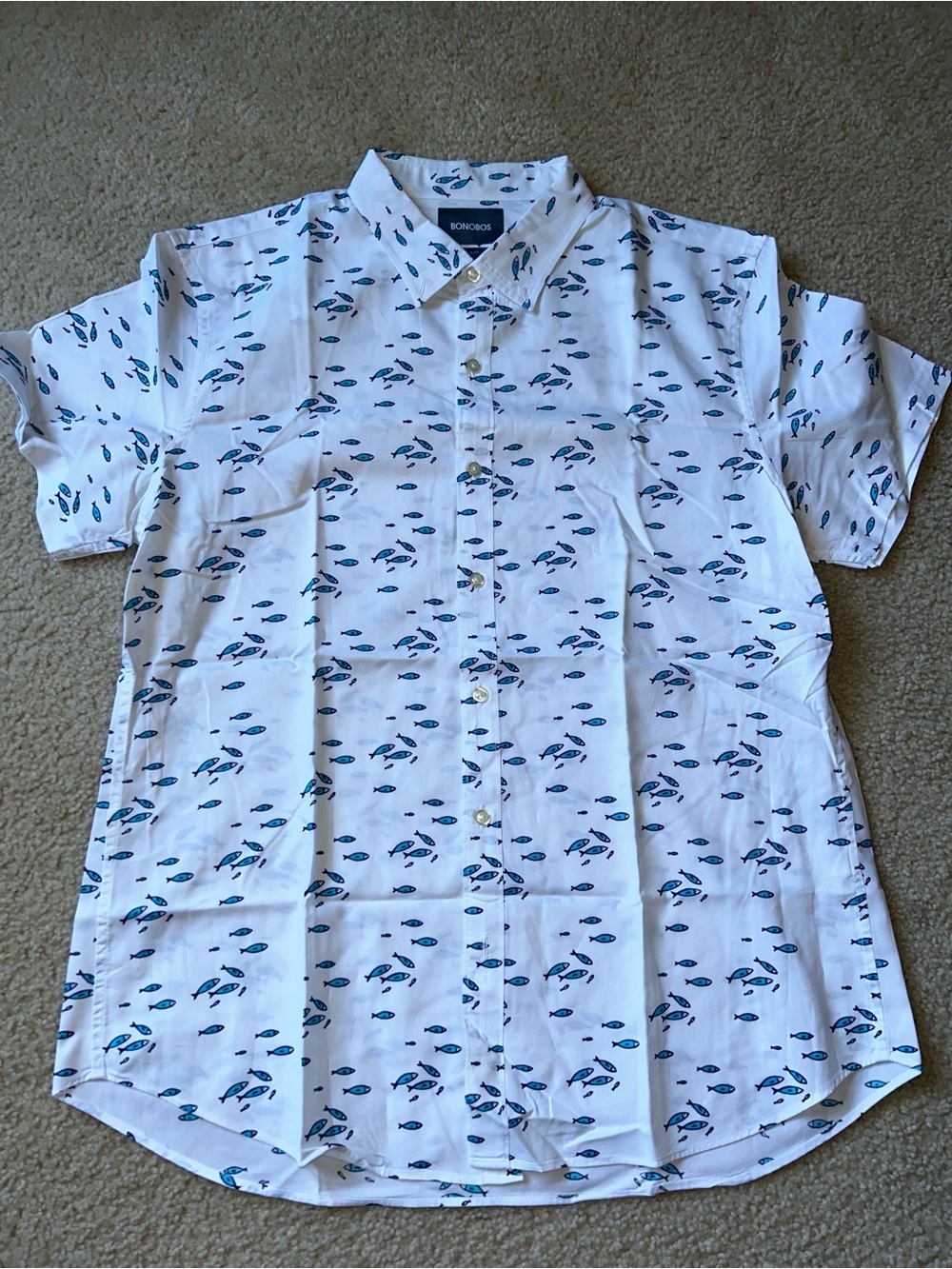 Bonobos White Short-Sleeve Button-Down with Blue Fish Print